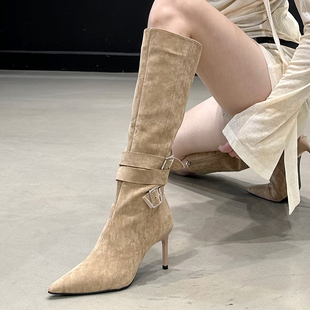 尖头细跟御姐高筒长靴女2025绝美磨砂裸色靴子高跟长筒靴废土风