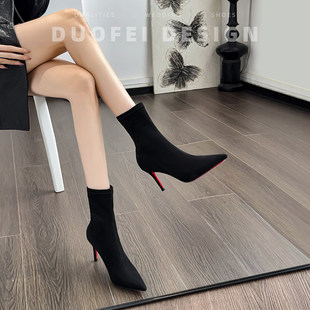 红底细跟短靴高跟鞋女秋冬2026尖头黑色百搭绒面瘦瘦靴子弹力裸靴