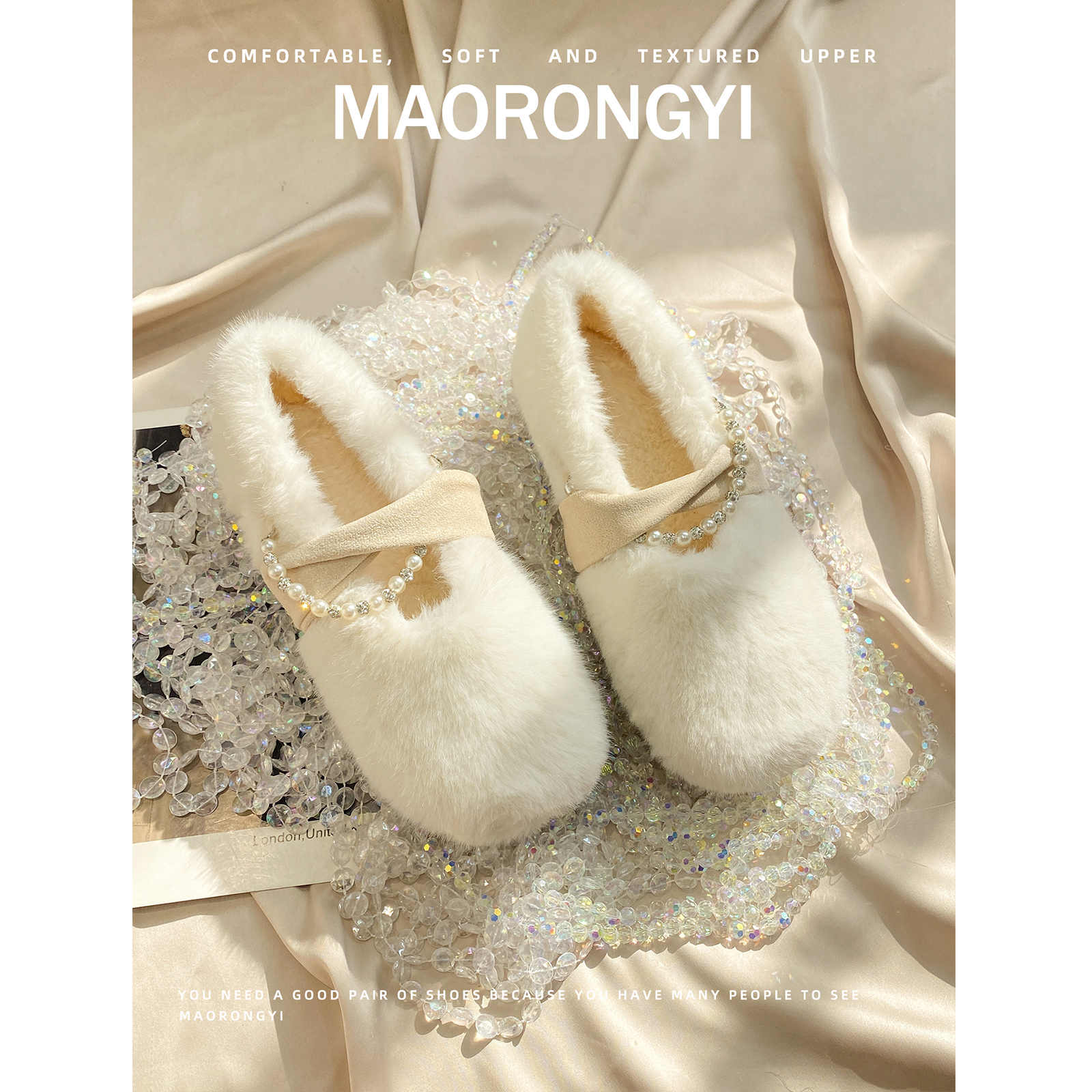 毛毛鞋女秋冬外穿豆豆鞋冬季加绒鞋玛丽珍白色法式毛绒鞋子仙女风