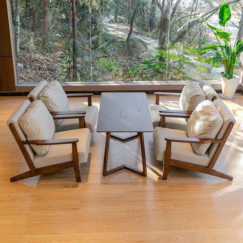 实木沙发咖啡厅桌椅组合奶茶店洽谈接待休息区商用民宿卡座沙发椅