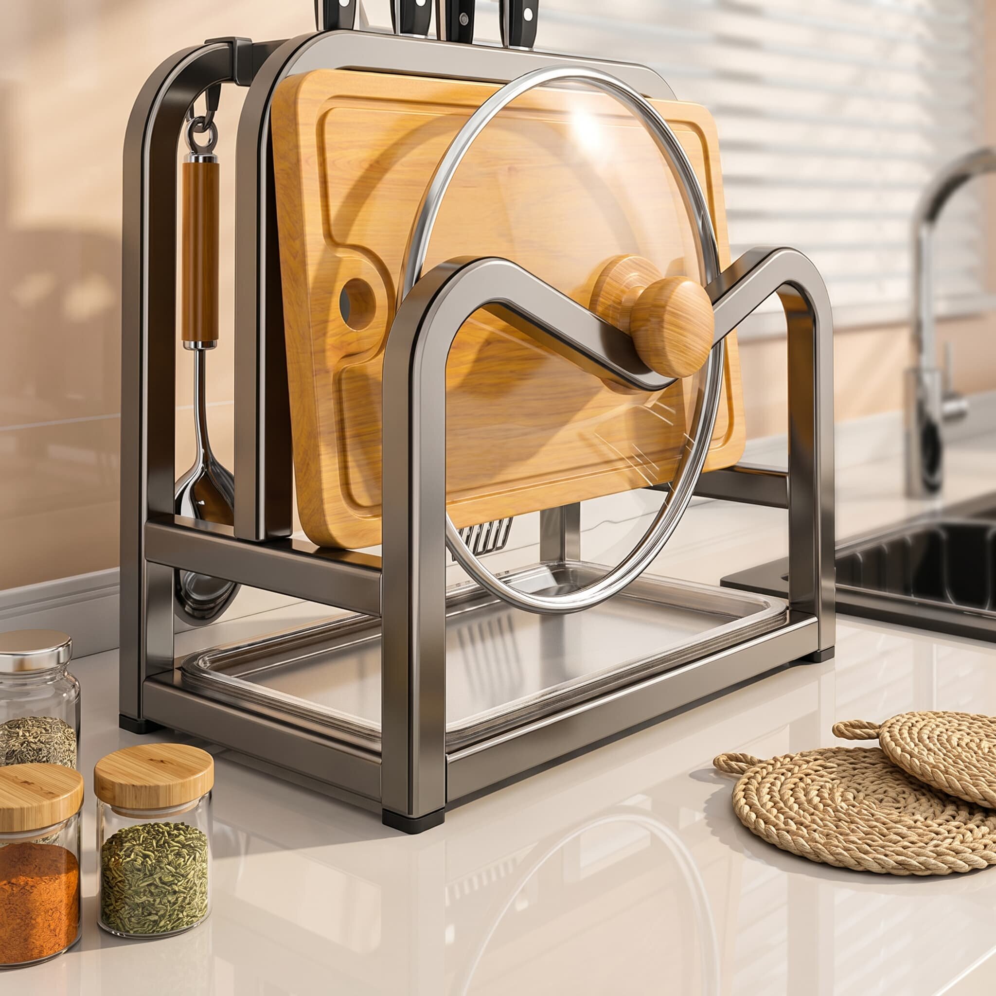 厨房台面刀架多用途枪灰色碳钢砧板架通风沥水锅盖置物一体收纳架