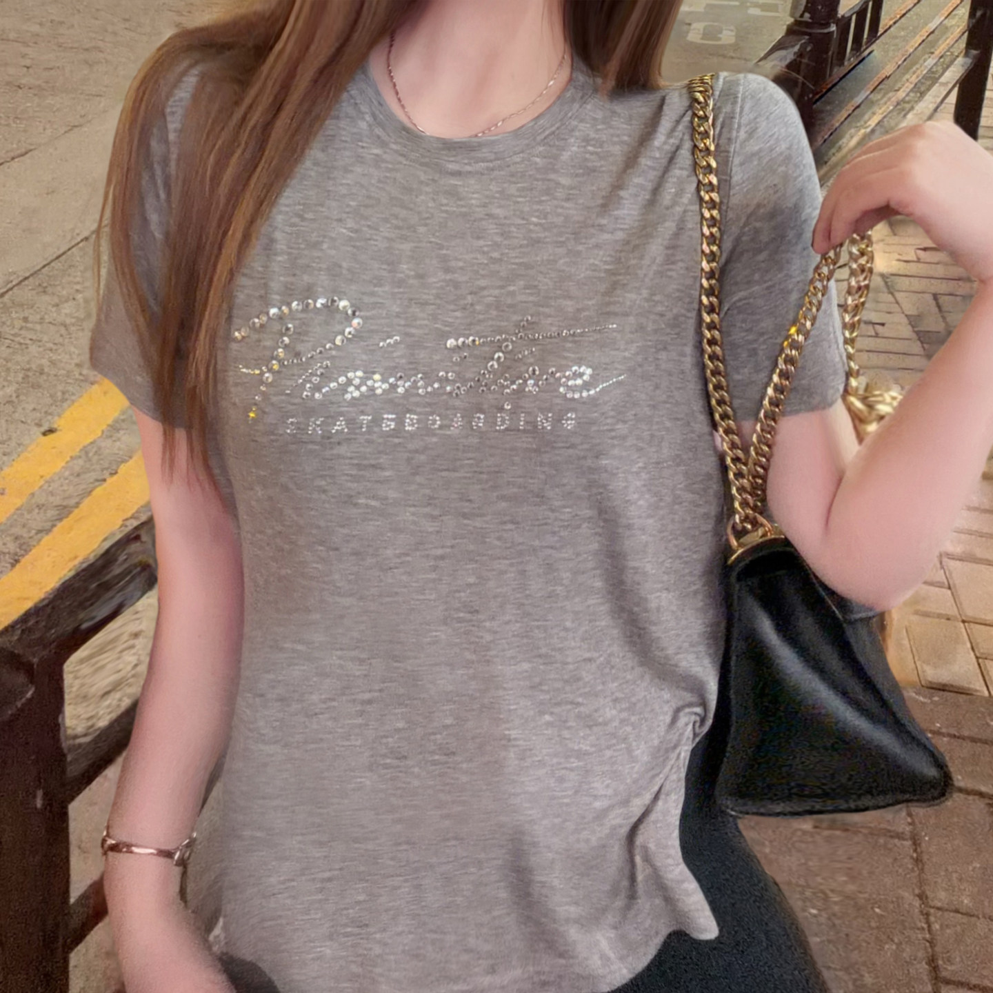 法式烫钻欧货精品重工甜辣春夏精品天丝女人味休闲上衣短袖T恤女