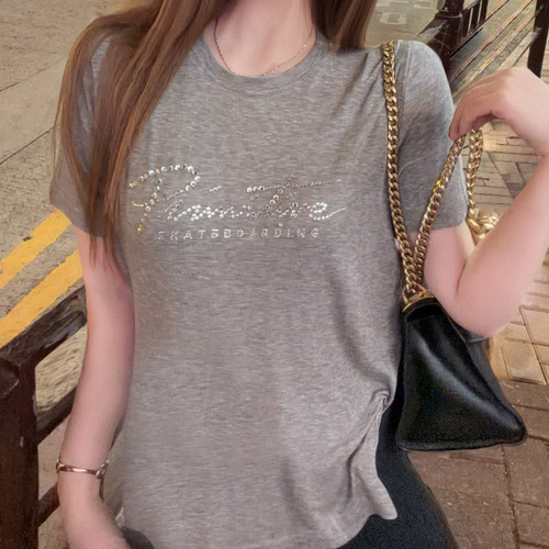弹力休闲女人味烫钻短袖T恤女