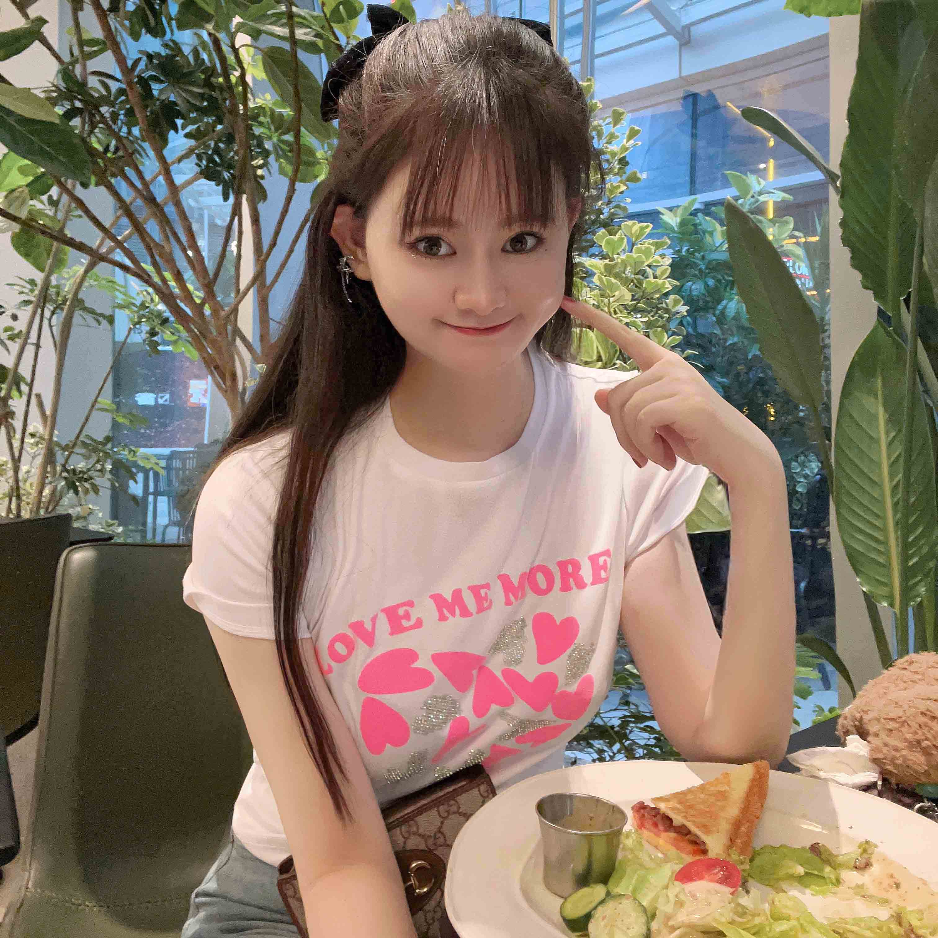 短袖甜美薄印花棉女修身