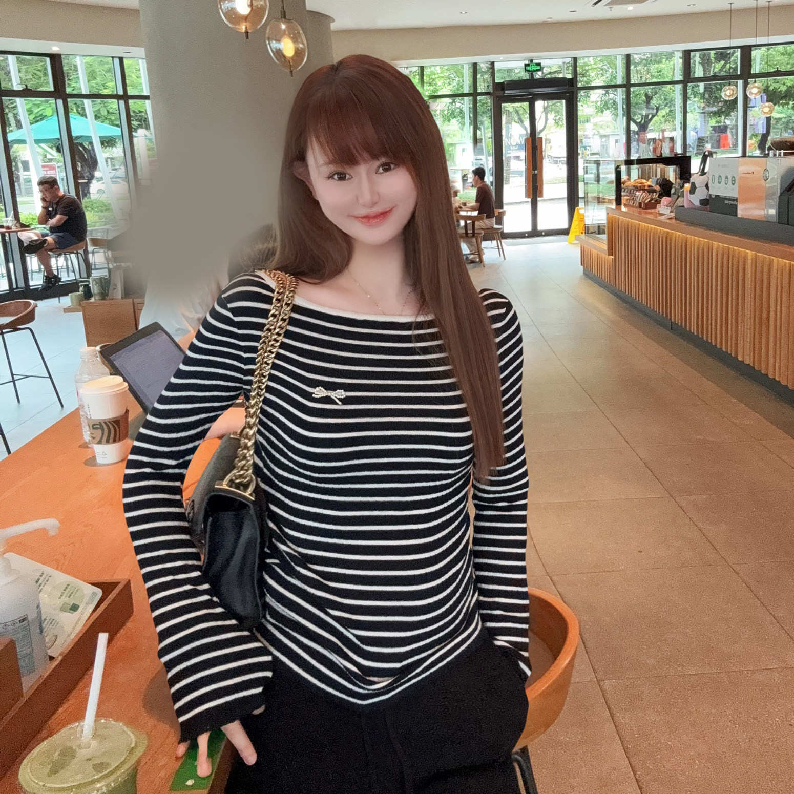 秋冬法式条纹一字领打底毛衣女