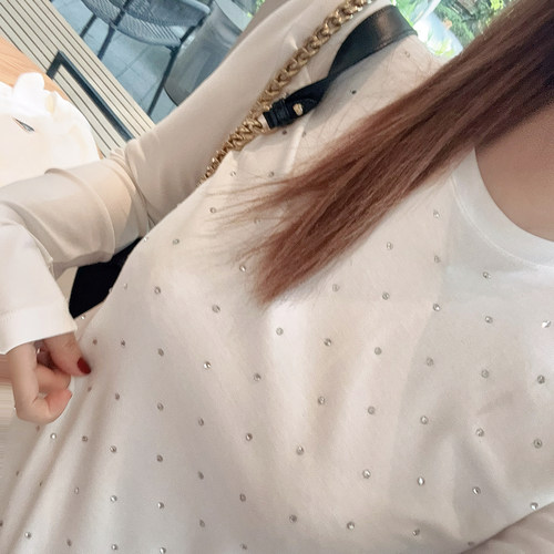 高档百搭烫钻印花长袖白色T恤女