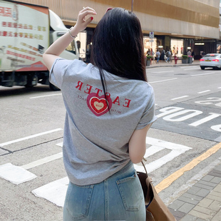 休闲字母印花修身 韩版 新款 短袖 显瘦棉灰色T恤上衣女 t恤女2025夏季