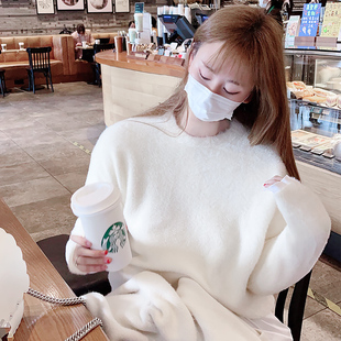 欧货冬季新品休闲时尚弹力水貂绒保暖纯白色加厚长袖毛衣女