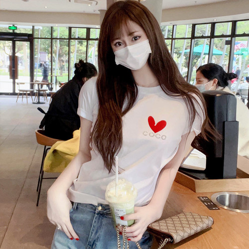 短袖甜辣薄镶钻印花棉女修身