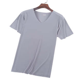 2件 冰丝无痕短袖T恤男V领薄款夏季运动修身大码半袖体恤打底汗衫