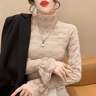 网纱镂空保暖上1219e 小衫 高领加绒蕾丝打底衫 女秋冬洋气内搭修身