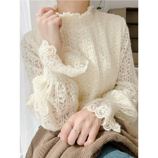 打底衫 t恤上衣女加绒长袖 洋气质高档衣服小1219e 高领蕾丝衫 秋冬季