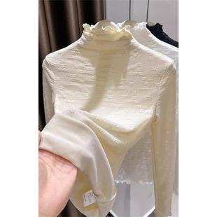 高领蕾丝打底衫 女内搭秋冬中领花边领加绒加厚保暖网纱上衣1219e