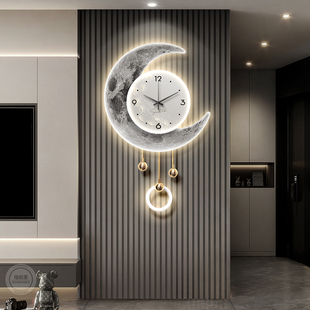 轻奢电视机背景墙装饰画带时钟表创意客厅格栅挂件月球餐厅壁灯画