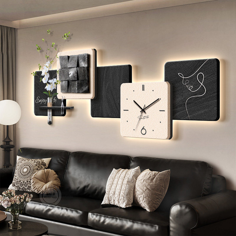 3d立体轻奢客厅装饰画时钟表意式极简沙发背景墙面挂画高级感壁灯
