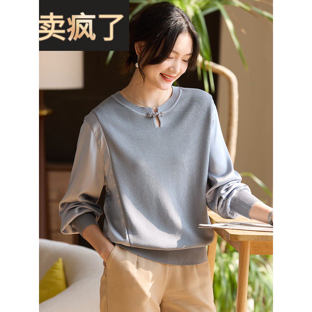 喜卉2025新款妈妈春装薄款纱袖上衣时尚减龄国风针织衫中老年女装