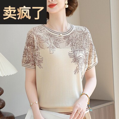 中年妈妈款夏装冰丝上衣服套装时尚中老年女装夏短袖T恤小衫套装