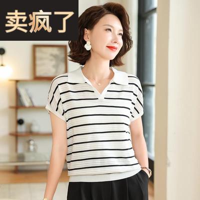 今年流行的妈妈夏装条纹上衣中老年女时尚翻领T恤薄小衫2025新款