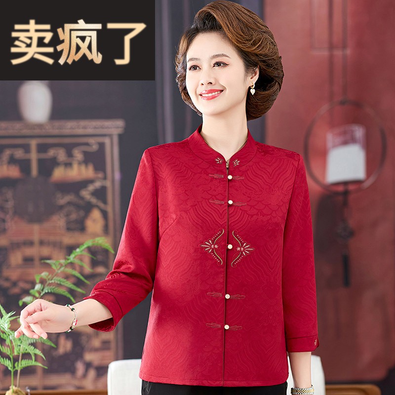 婚礼妈妈夏装中式国风衬衫本命年中老年女唐装上衣生日寿宴衣服红