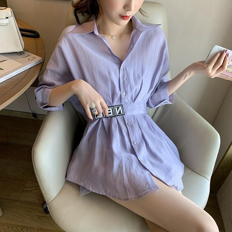 紫色防晒衣女夏季套装2020年新款收腰薄衬衣时尚短裤子洋气两件套