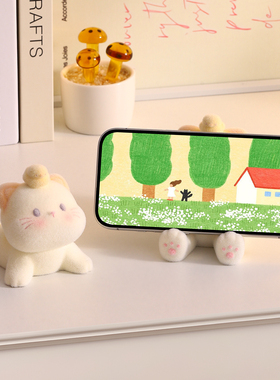 庭将植绒猫咪手机支架桌面摆件