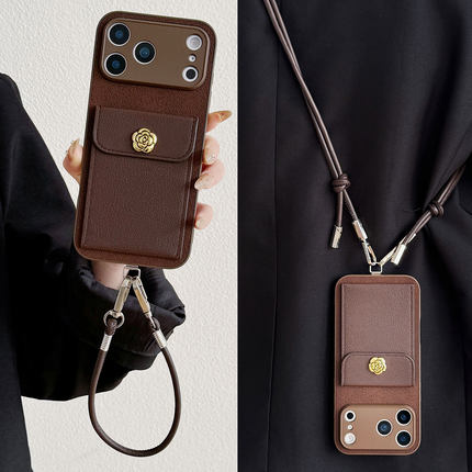 复古棕月坑纹山茶花插卡包适用oppoReno15/14手机壳k13高级感Findx9/8皮革背带reno12/11手提x7u防摔10斜挎女