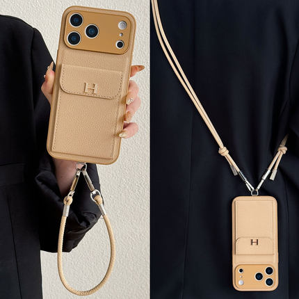 潮牌轻奢H插卡包适用oppoReno15pro手机壳Findx9/8卡其皮纹reno14/13皮革背带x7ultra斜挎12防摔11手提绳x6女