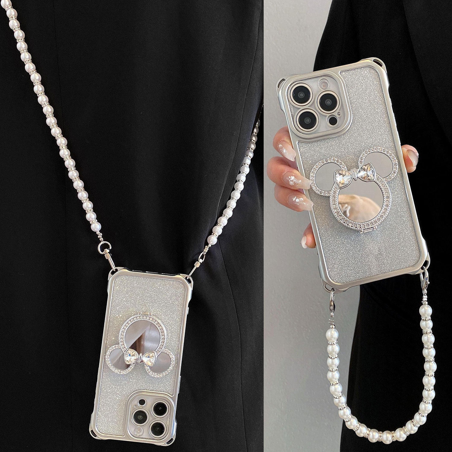 闪粉米妮镜面支架适用iPhone17手机壳16promax四角可挂苹果15pro斜挎背带14珍珠手提13防摔xsmax女12/11软x/7,3C数码配件,手机保护套/壳,淘宝优惠券,粉丝福利购,淘宝优惠卷