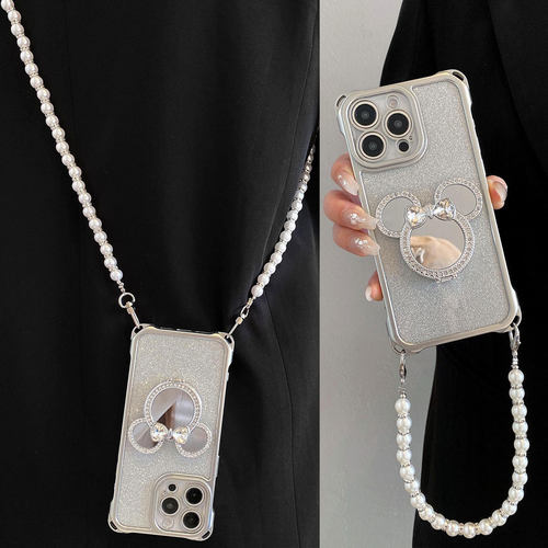 闪粉米妮镜面支架适用iPhone17手机壳16promax四角可挂苹果15pro斜挎背带14珍珠手提13防摔xsmax女12/11软x/7