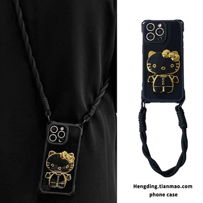 黑金KT猫补妆镜子支架适用红米K70手机壳Note13pro手拎绳k60背带斜挎note12/11pro高级k50防摔10时尚k40女k30