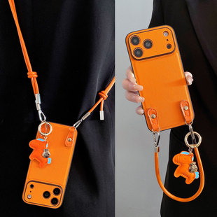 橙色皮纹马上有钱挂件适用华为Mate80 70Air手机壳Pura80高级感mate60pro皮革手拎绳p50防摔mate40斜挎可背女