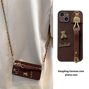 高级金属链小熊皮扣手腕带适用vivoy500pro手机壳y300 背带y76挂脖y70s斜挎女y35y30y20全包y37防摔 y200y78