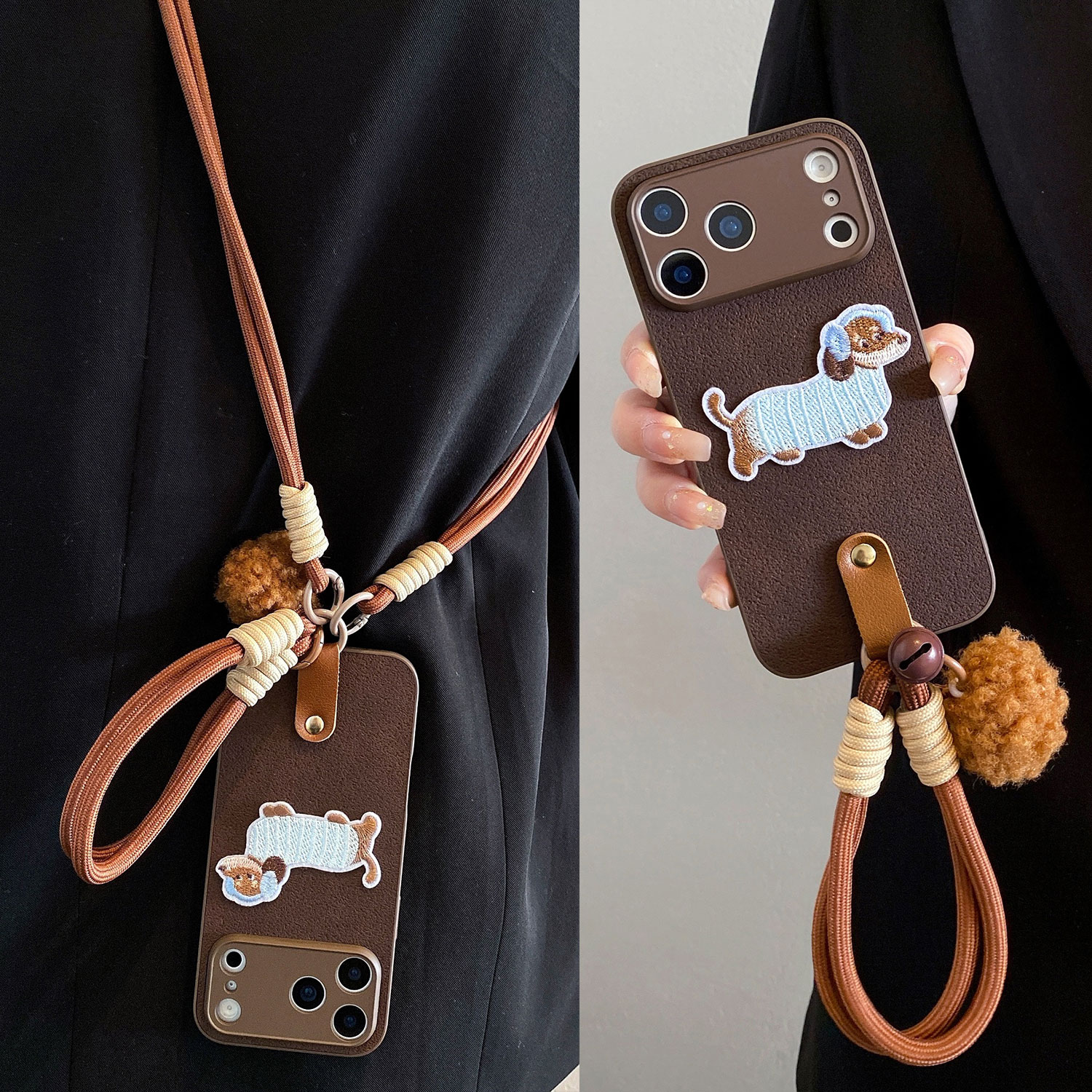 秋冬复古棕月坑纹腊肠狗适用vivoY500手机壳y300pro斜挎y78+可背y200挂绳y76s耐脏y55s防摔y35卡通y100女y70s
