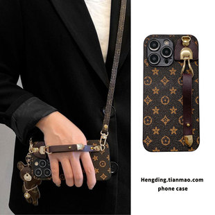 老花纹皮质纽扣腕带适用vivoX200s手机壳x100S30背带x90s20高级x80 x70小熊挂件s19挂绳s18背带x60防摔s17s16