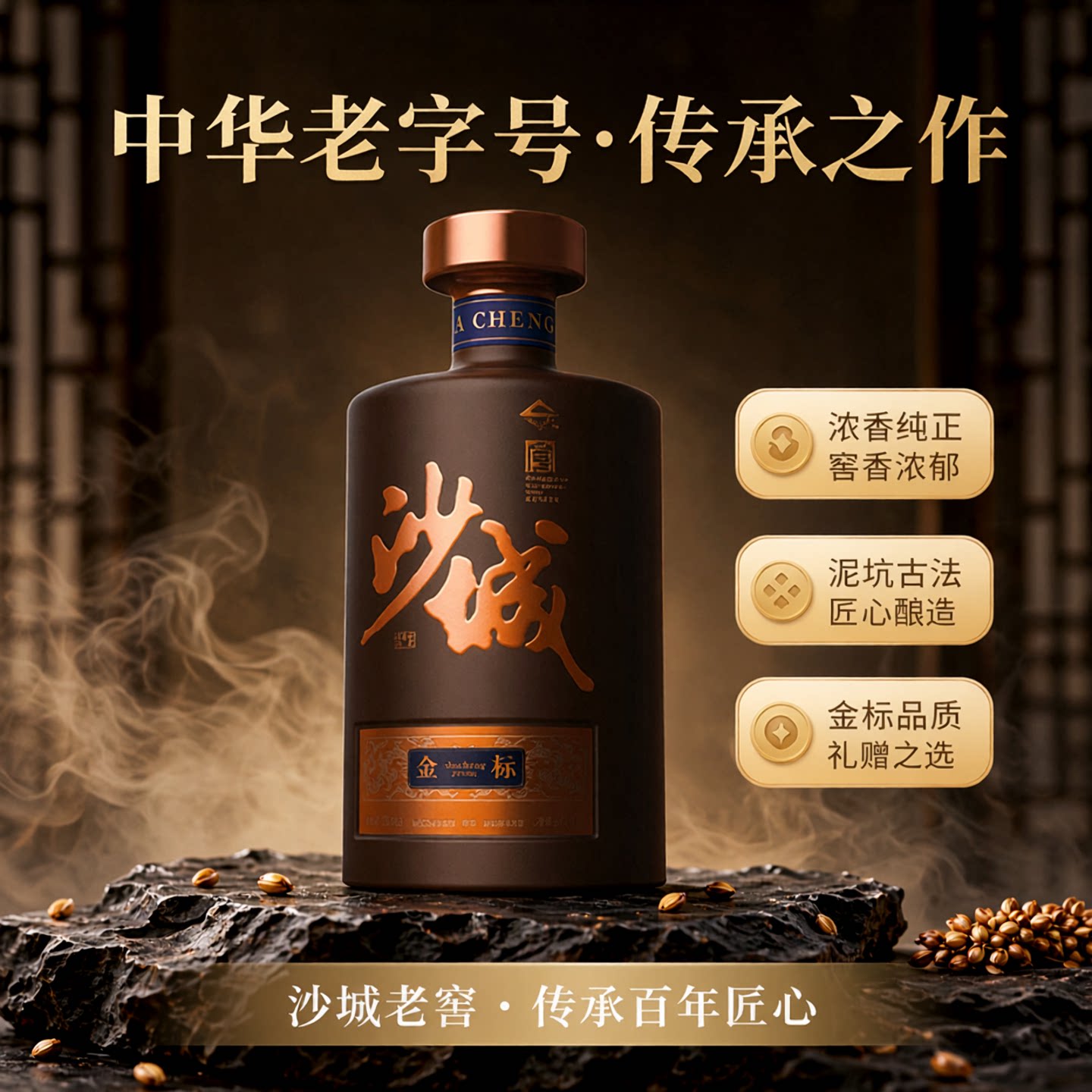 沙城老窖旗舰店【金标】浓香型白酒泥坑酒中华老字号传承高粱酒