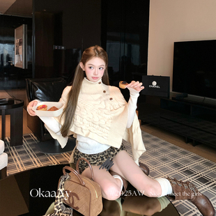 Okaaay【焦糖利口酒】早秋高领设计感针织披肩女不规则斗篷上衣