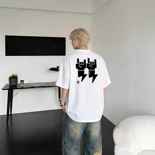 美式街头潮牌hiphop手势印花短袖t恤男宽松设计痞帅重磅纯棉上衣