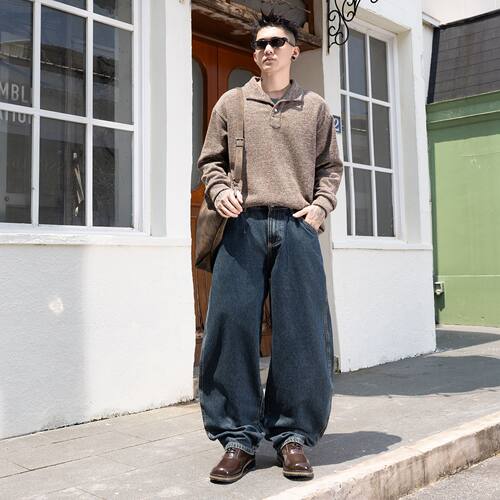 美式街头藏青宽松阔腿牛仔裤男