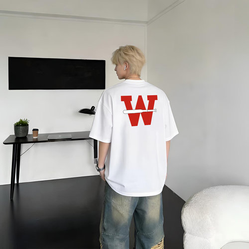 美式街头W字母印花短袖t恤男宽松纯棉潮牌oversize简约半袖上衣