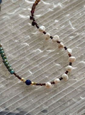 新款珍珠与油彩天然玛瑙绿松石榴镀金情侣项链黑珍珠配白珍珠 异