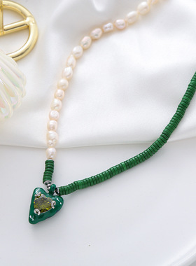 明星同款爱心微镶锆石珐琅戒指天然珍珠拼接项链2022春夏新品女