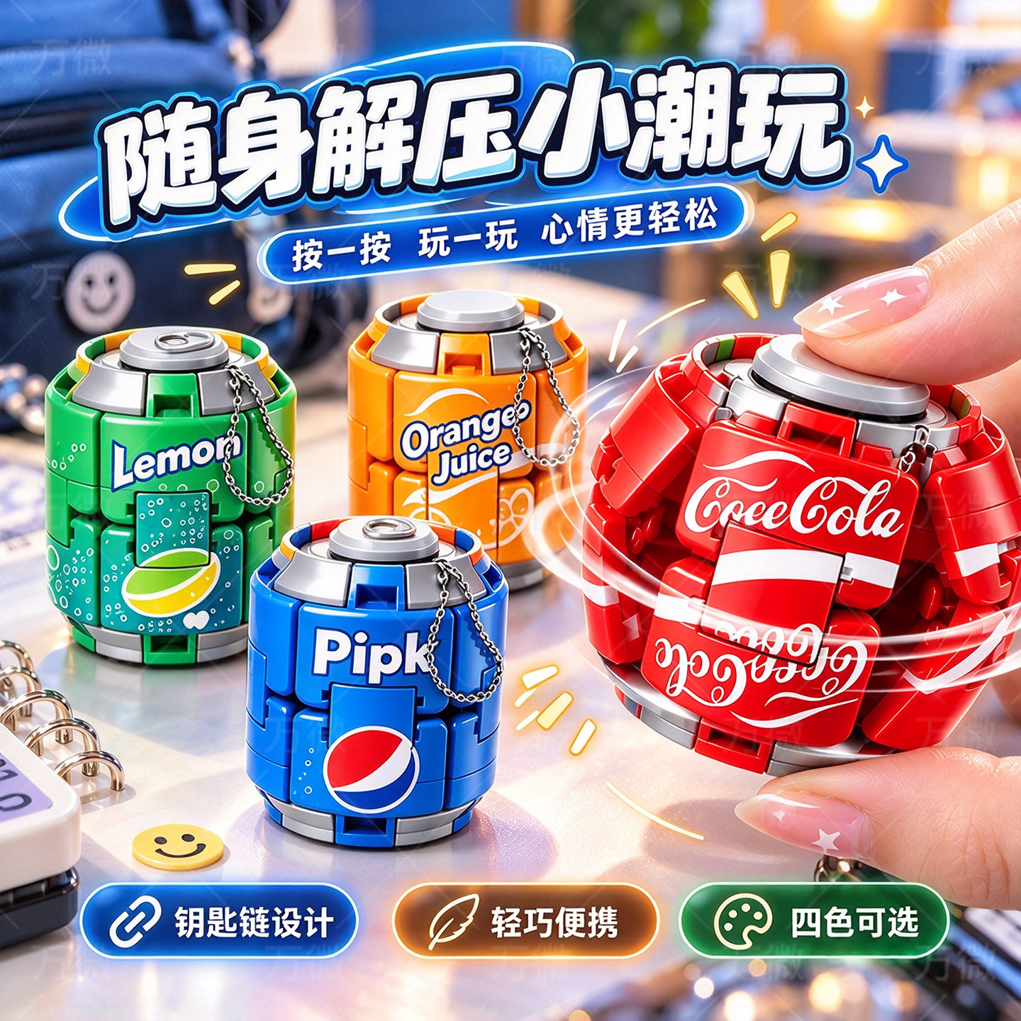 2026新款可乐汽水陀螺解压玩具创意网红爆儿童指尖四色按压旋转球