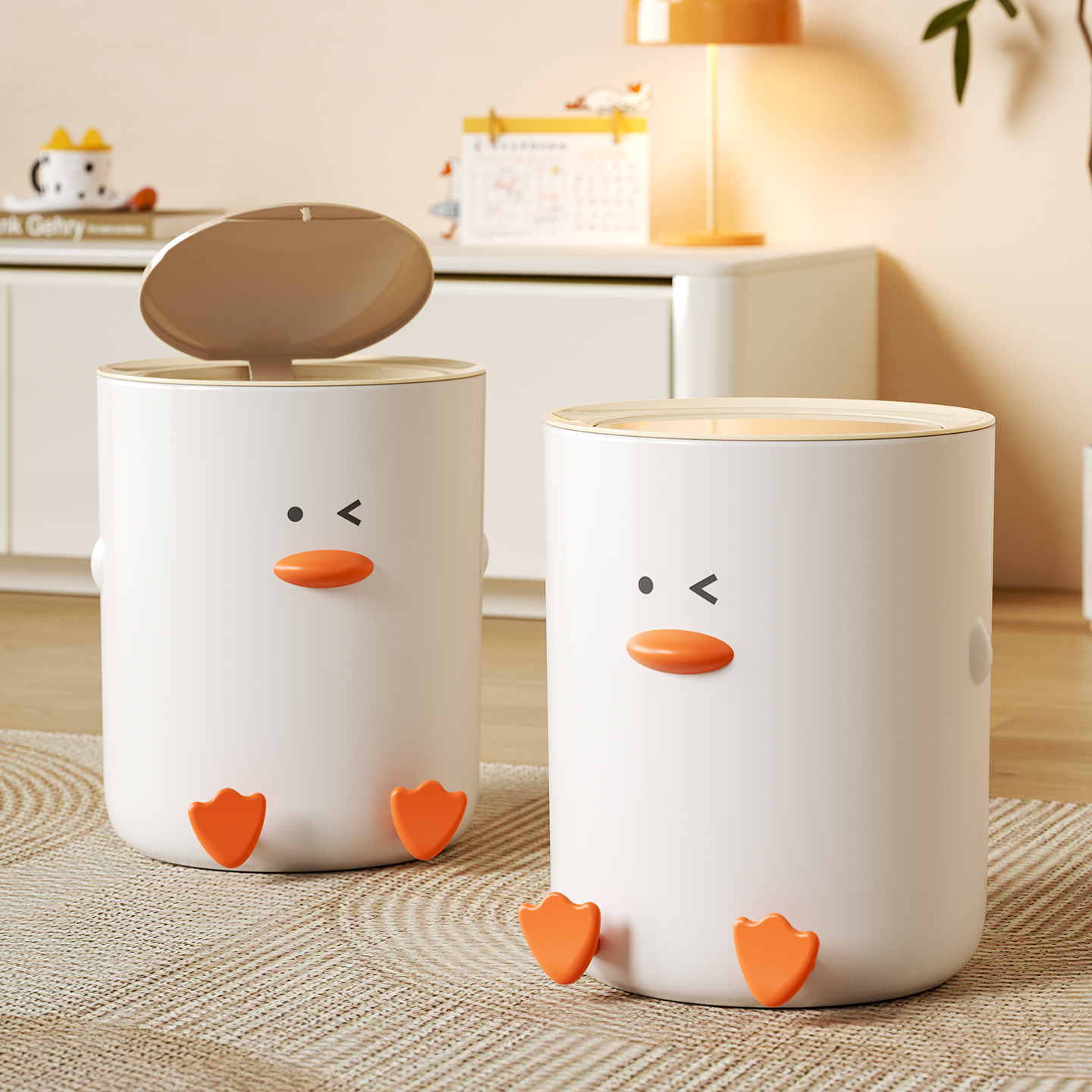 可爱鸭按压垃圾桶带盖按压