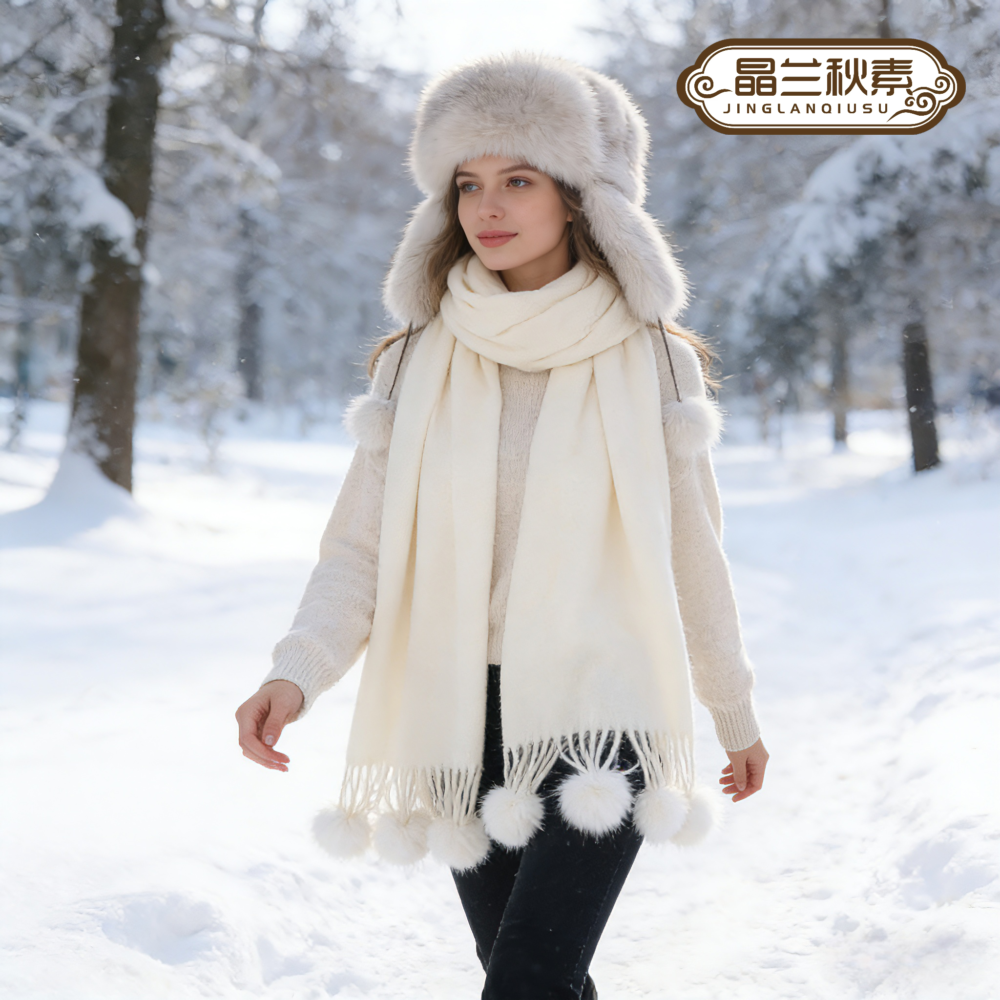 欧美冬季獭兔毛球新款韩版羊绒围巾披肩加厚保暖学生纯色百搭围脖