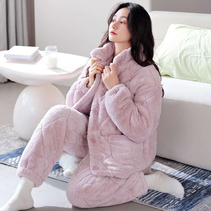 芬腾睡衣女士冬季三层夹棉加厚加绒棉袄冬款珊瑚绒家居服秋冬套装