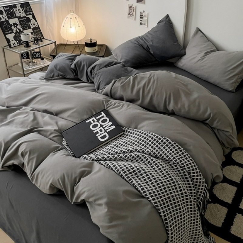 简约纯色双拼水洗棉床上四件套超柔亲肤宿舍三件套床笠款被套
