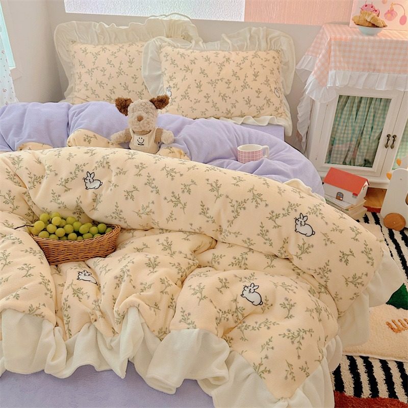 in风被套四件套学生宿舍三件套床单碎花花边加绒加厚牛奶绒四件