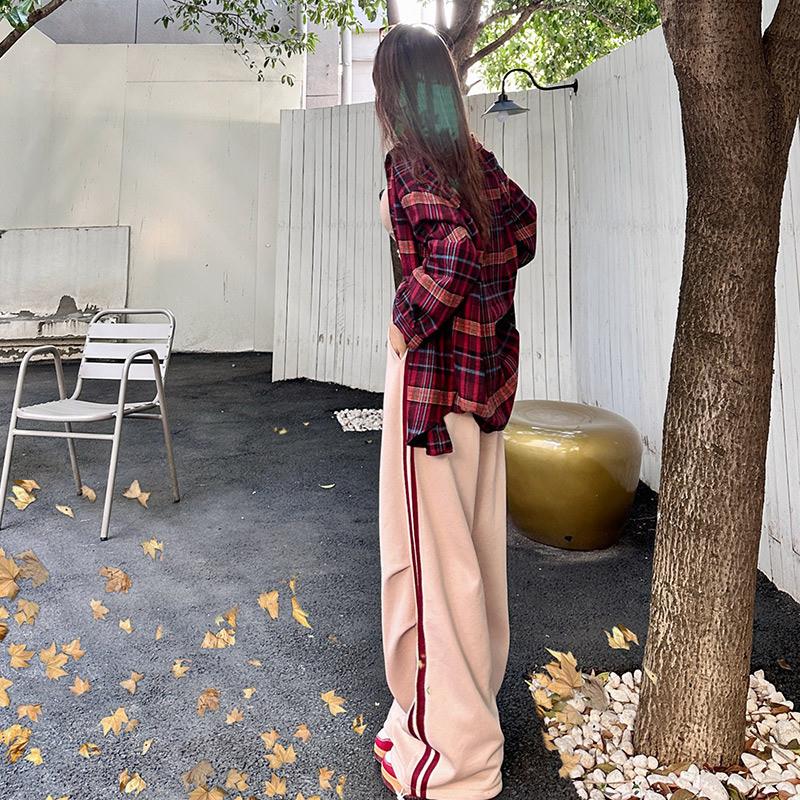 美式高街条纹运动裤女2026新款两穿阔腿直筒裤宽松窄版休闲卫裤子