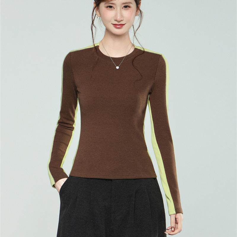 高级感拼接撞色圆领内搭T恤女2026秋冬季修身显瘦打底衫长袖上衣
