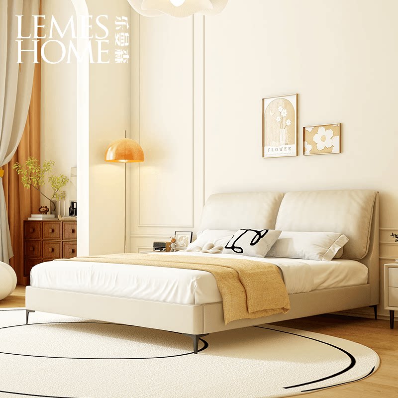 现代简约奶油风大象耳朵双人床头层牛皮真皮软包小户型主卧室床